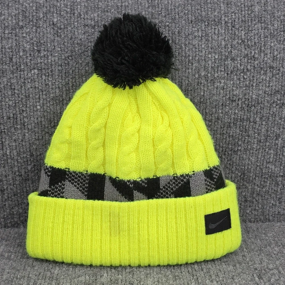 Nike Hat Beanie Youth One Size Yellow Plaid Knit Pom Winter Swoosh Sports